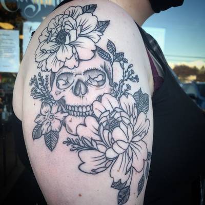 Finished skull and peonies